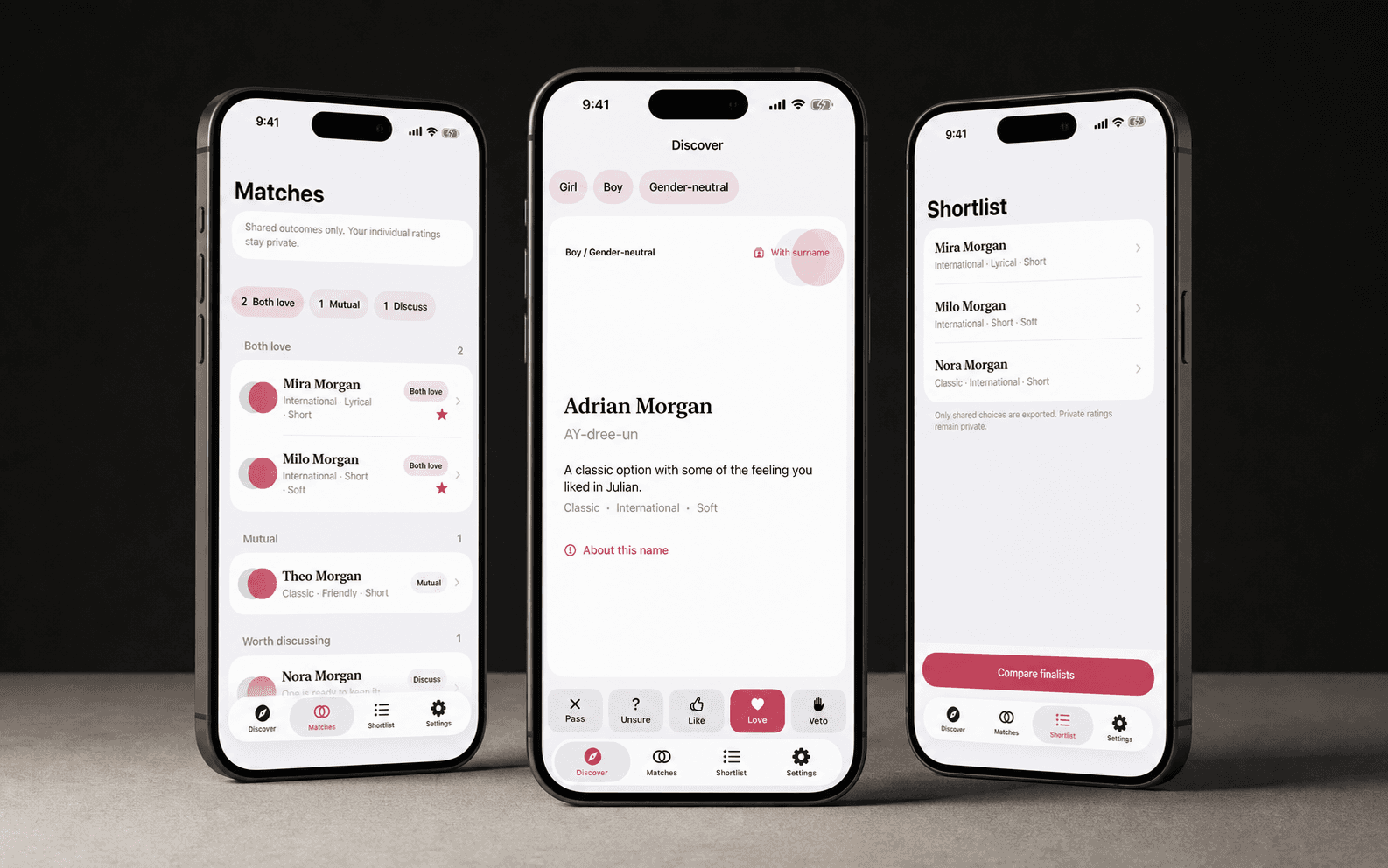 Baby Duet Discover, Matches, and Shortlist screens shown on three iPhones