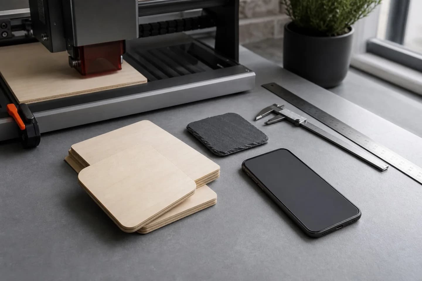 Laser engraving workspace with wood, slate, measuring tools, and a phone