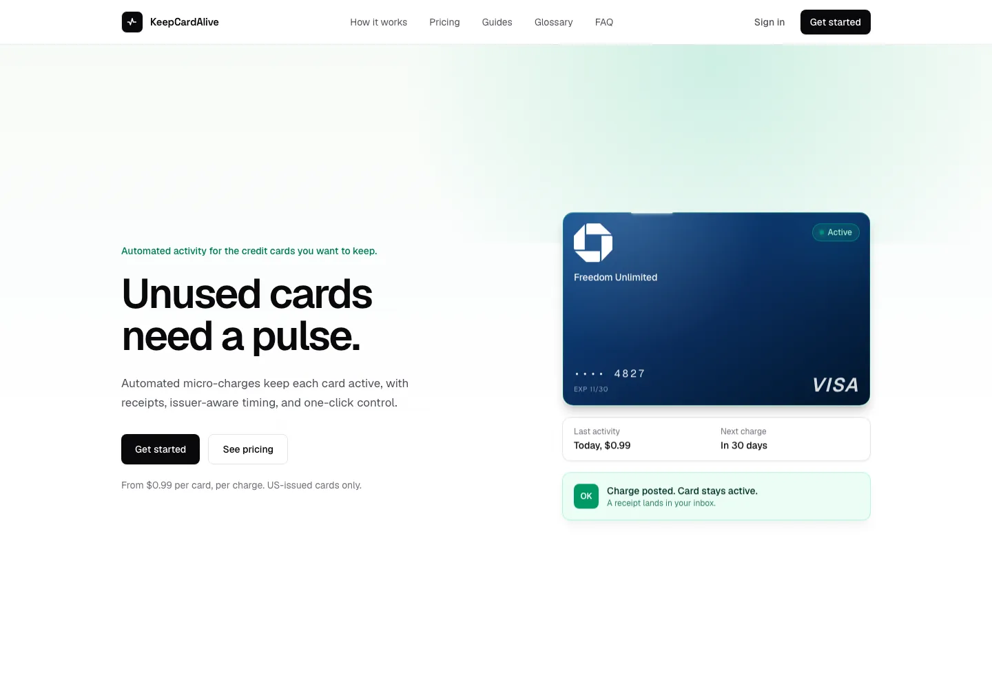 KeepCardAlive homepage showing active credit card automation