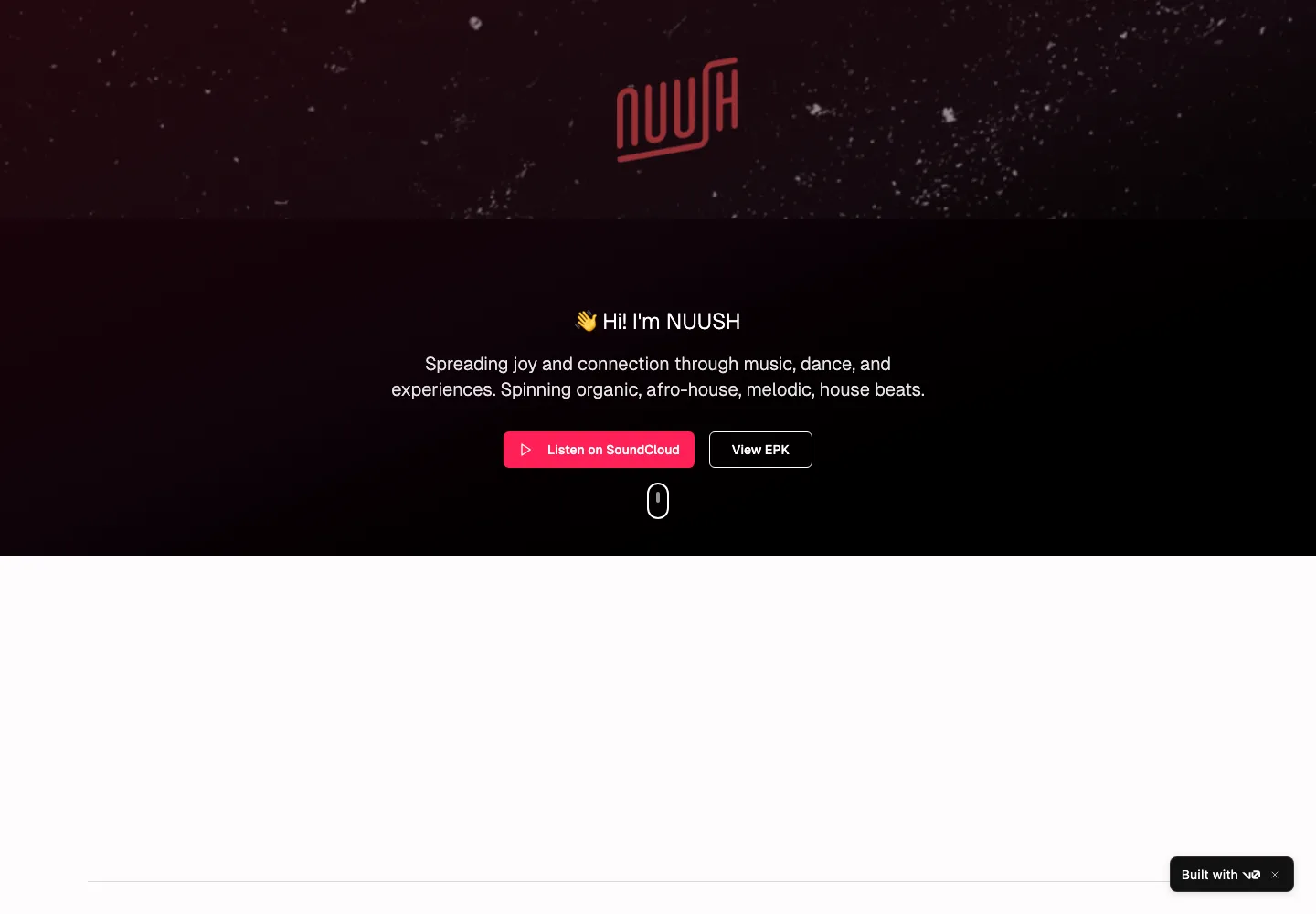 Nuush Music homepage with artist introduction and EPK link