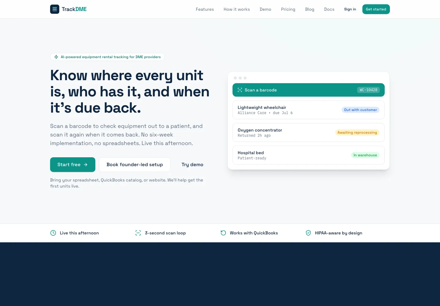 TrackDME homepage showing DME equipment tracking interface